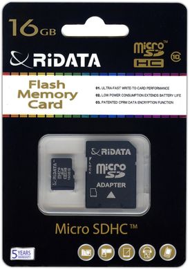Купити Карта пам'яті RiDATA microSDHC 16GB Class 10 + SD адаптер (FF953659) в Україні