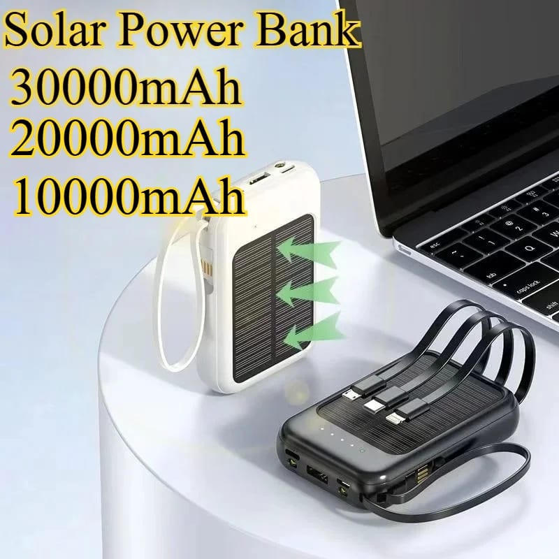 30000mAh Solar Power Bank with Built-in Cable - Ultra High Capacity Mini Portable Charger Fast Charg