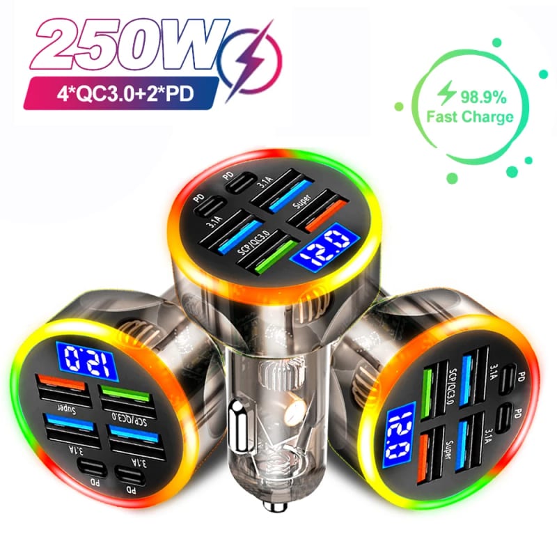 Car Charger with Digital Display 200W Multi Ports Fast Charging PD QC3.0 USB Quick Charging Adapter 