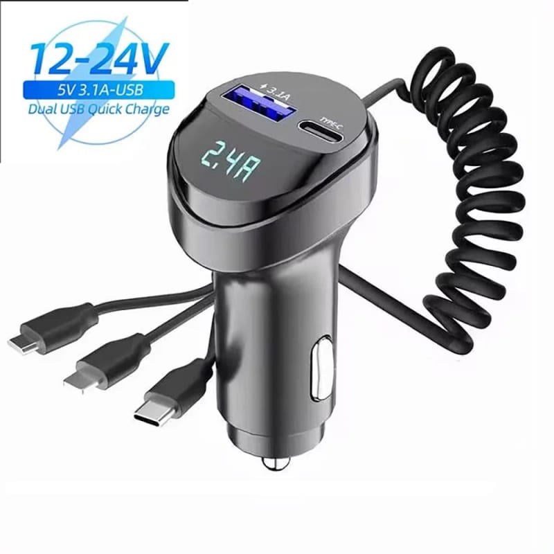 Car Adapter Charger Fast Charging 55W Multi-function 2 Ports Three In One USB Retractable Charging C