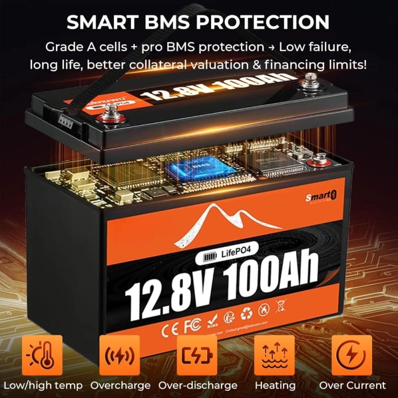 12.8V 100Ah LiFePO4 Bluetooth Lithium Battery,1280Wh Energy,Built-in 100A BMS,15000+ Cycles Recharge