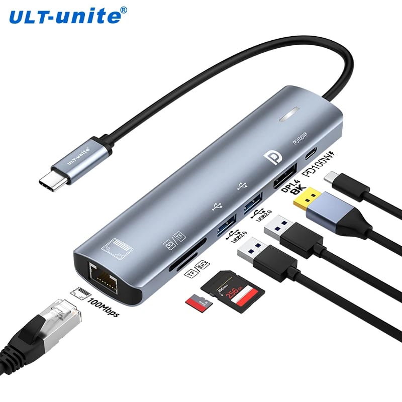 Type C HUB with Displayport 1.4,PD100W, Ethernet 100Mbps, SD/TF Multiport 7-In-1 USB to DP Docking S